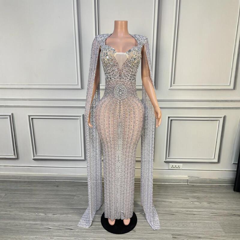 high quality Fashion Shawl Casual Long-sleeved Niche Casual Tight Full Diamond Long Floor-length dress Dress