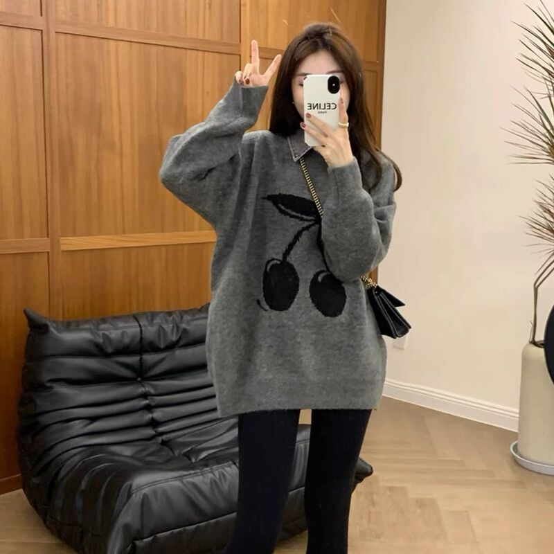 Plus Size Fat Pullover Soft Waxy Cherry Knitwear Women's Autumn and Winter Loose Lazy Style Mid-Length Knitwear Top