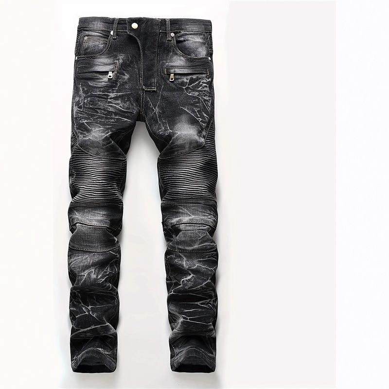 European and American Motorcycle Style Raw Denim Men's Jeans Trendy Brand with Patches Amazon Temu Stretch Pants One-Piece Dropshipping