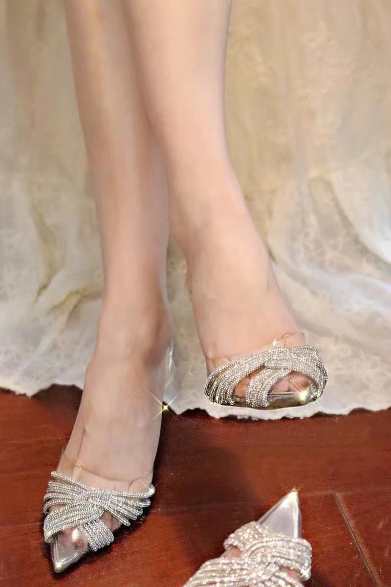 Silver Rhinestone High Heels Transparent Stiletto Mules Closed Toe Crystal Wedding Shoes Versatile Women's Sandals_voghion.com
