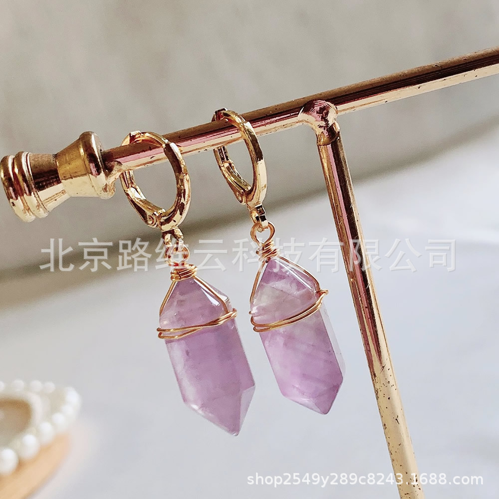 Pendientes de cristal natural de estilo explosivo transfronterizo, bala de doble punta, pequeña columna hexagonal, aretes de amatista de ágata roja, mujer