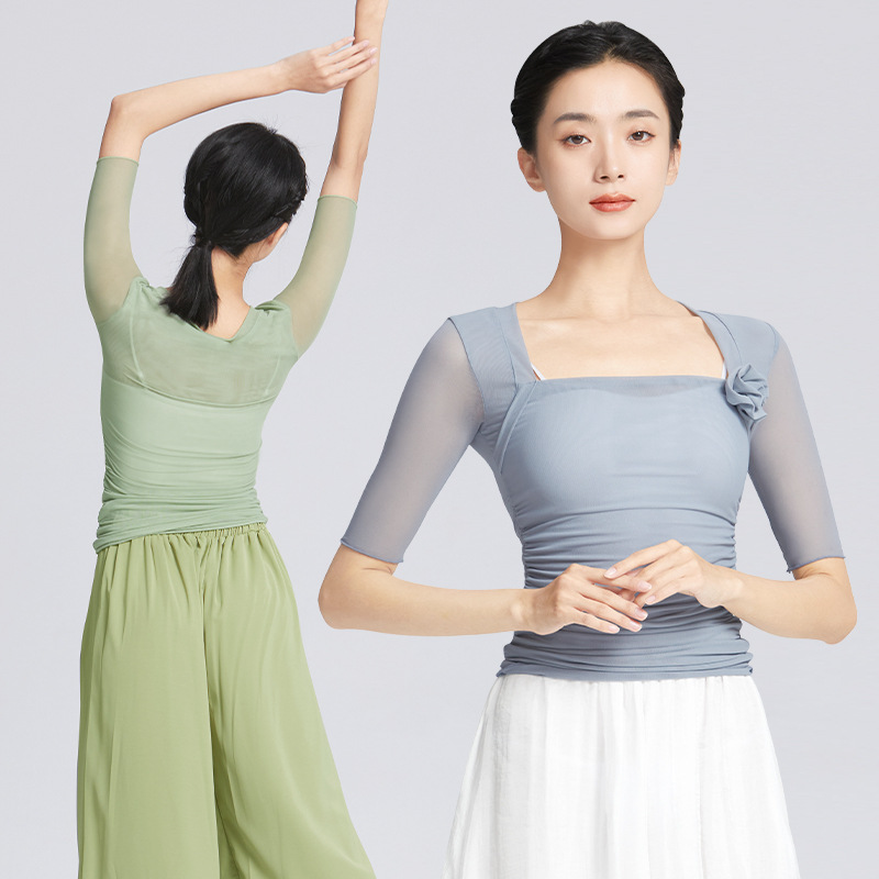 Ballet Dance Clothing Practice Blouse Gymnastics Stretch Mesh Mid-sleeve Adult Female Classical Dance Gauze Top Body Suit