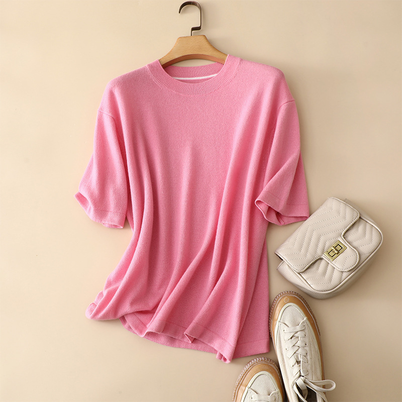 Pin Rong Short-sleeved Pure Cashmere Sweater Women's Autumn and Winter New Round Neck Loose Soft Waxy Lazy Style Solid Color Knitted Top T-shirt