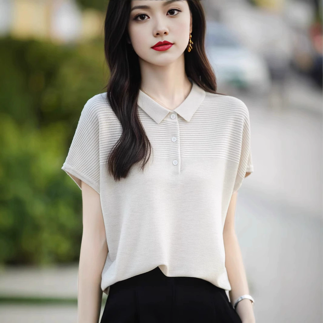 Summer silk knitted solid sweater, 25 years, polo collar, with short sleeve, oversize