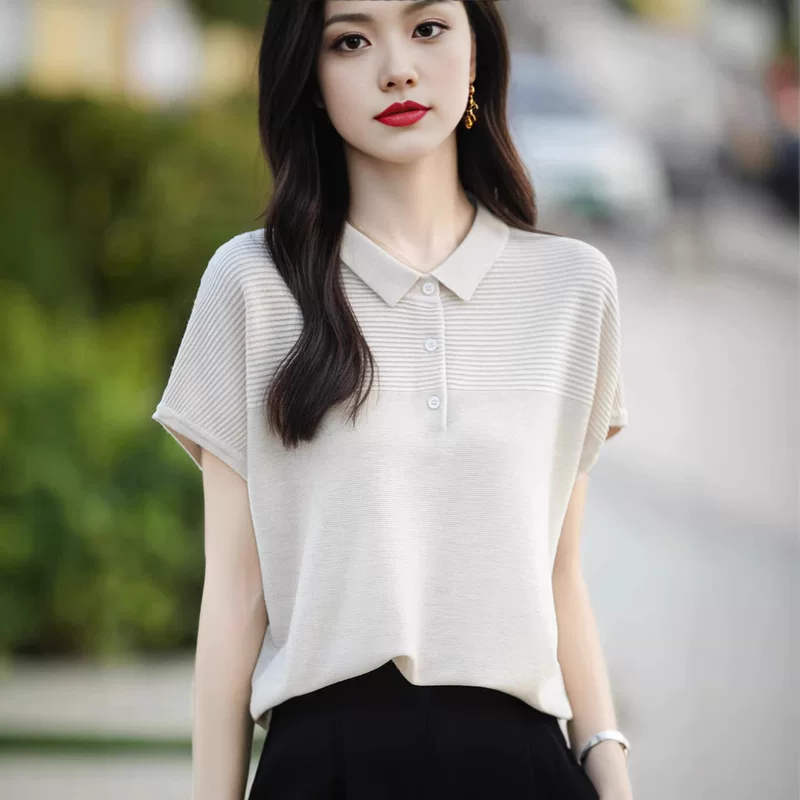 Summer silk knitted solid sweater, 25 years, polo collar, with short sleeve, oversize