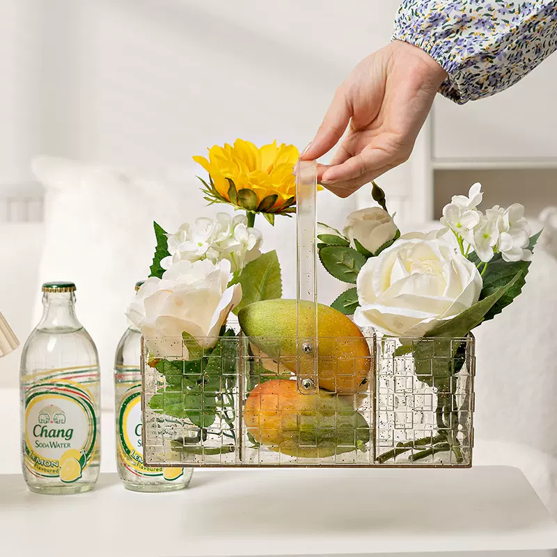 春游用品金粉野餐篮透明花篮装水果零食的小篮子精致手提收纳提篮