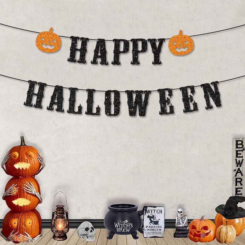 万圣节HAPPY HALLOWEEN拉旗装饰鬼节 派对字母南瓜拉旗背景墙装饰
