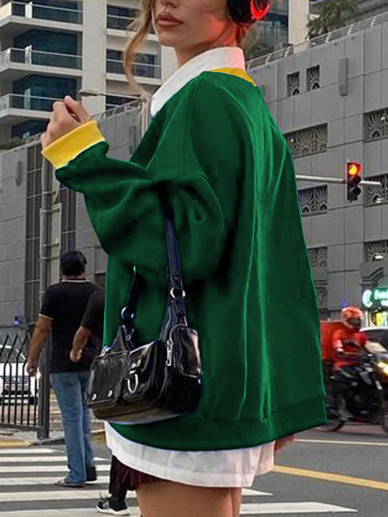 Felpa girocollo verde scuro autunno inverno stile americano con lettere di nicchia, slim e larga, da donna, stampa 3D_voghion.com