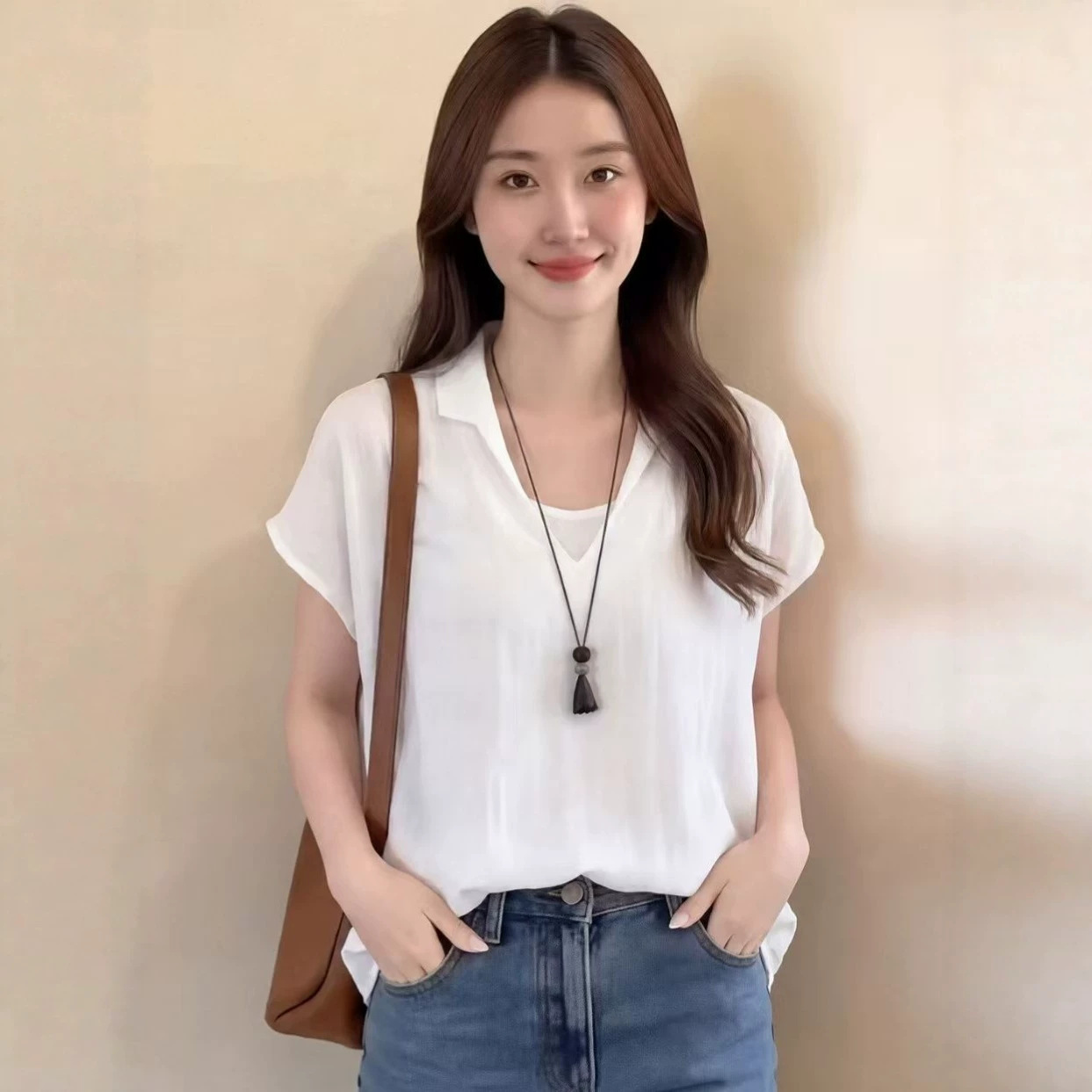 Áo sơ mi nữ cổ chữ V tay ngắn phối hai lớp màu xanh nhạt — màu xanh nhạt chi tiết 3