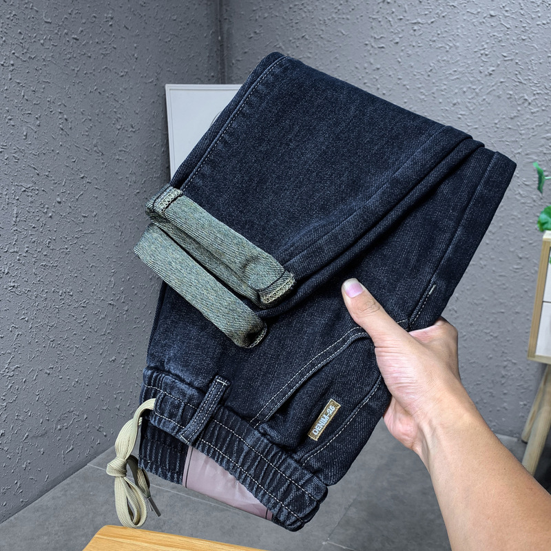 Trendy brand hot selling jeans for men in spring autumn  2024, blue and gray drawstring slim fit small leg pants, men's_senzul.com