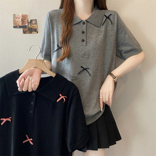 Plus Size Women's Miu Preppy Style Contrasting Stereo Bow Knitted Summer Fat mm Short-Sleeved T-Shirt Top