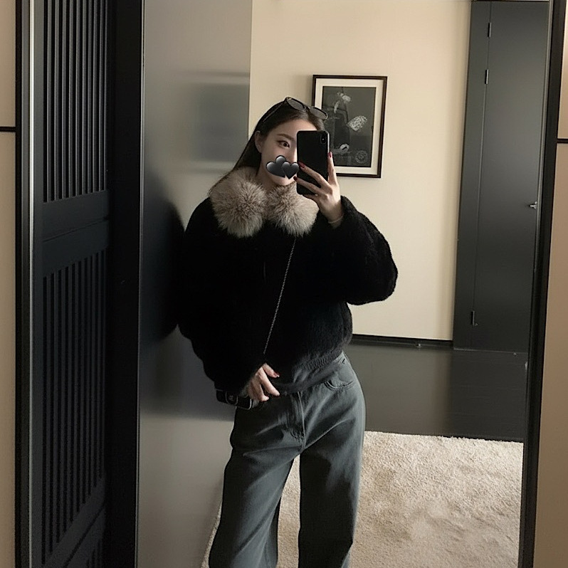 Black Large Fur Collar Mink Fur Long-Sleeved Outwear for Women 2025 Autumn and Winter New Style Warm Furry Cardigan Top Chic
