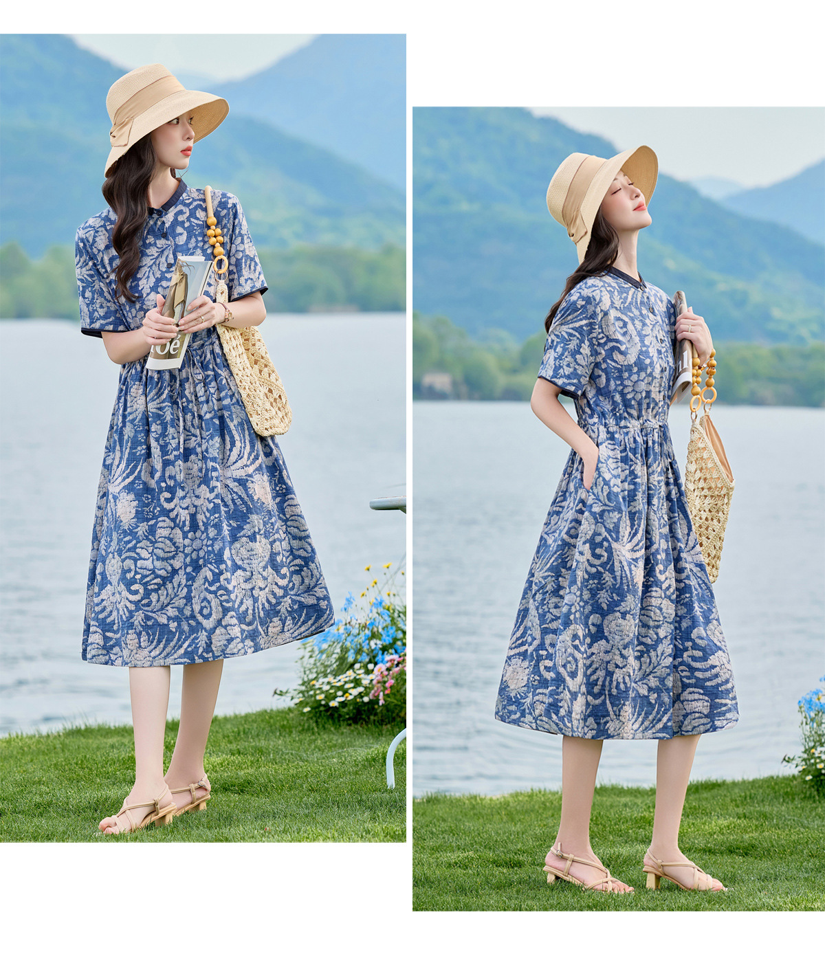 Đầm maxi nữ thắt eo họa tiết hoa nhí dáng suông rộng NI825 — Xanh lông mòng đen chi tiết 15
