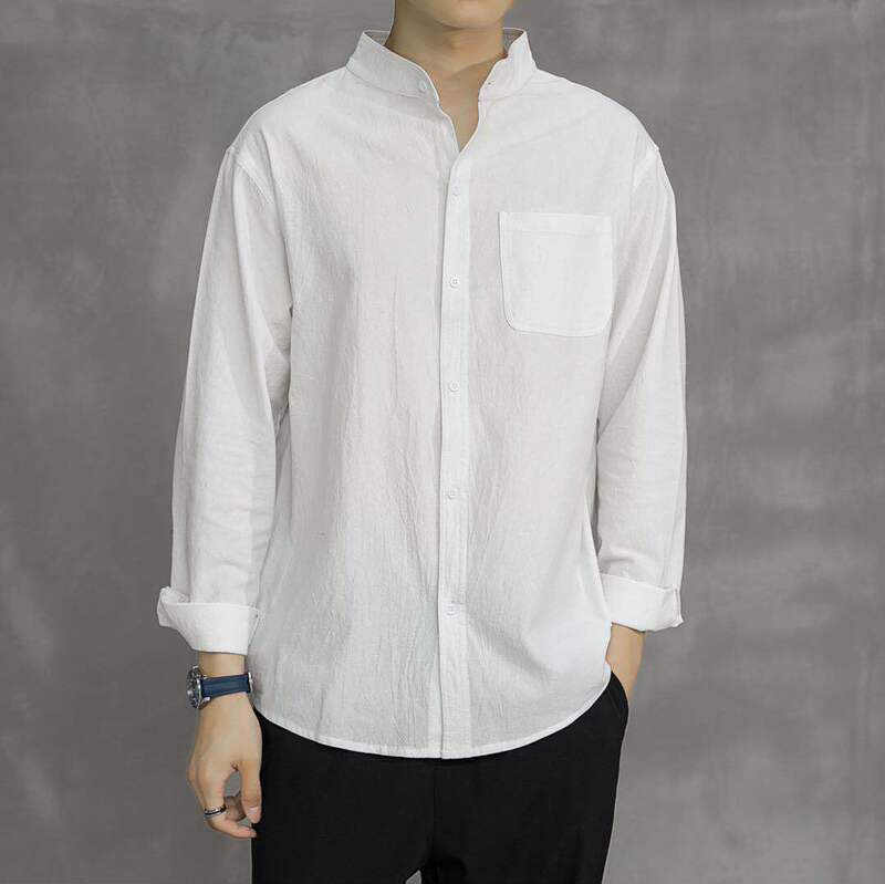 Tang suit men's fashion brand retro youth Chinese style linen shirt long sleeve cotton and linen Chinese stand collar Zhongshan shirt for the people