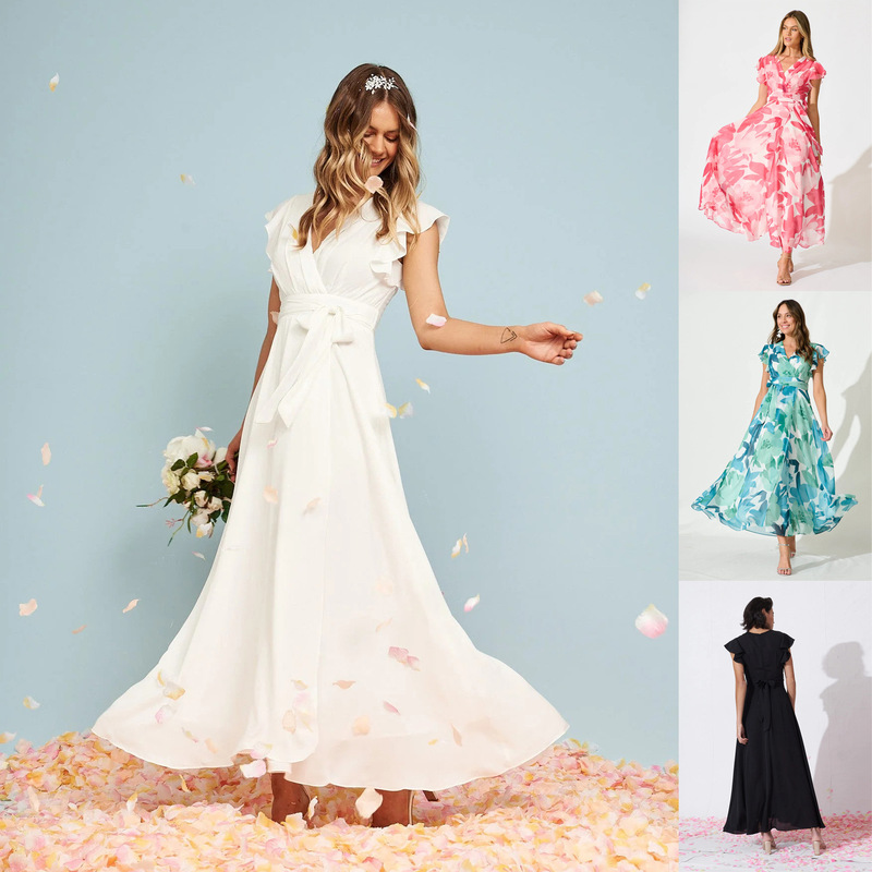 European and American Cross-Border 2026 Amazon French-Style Chiffon V-Neck Ruffle Sleeve Dress with Tie Waist and Large Hem Gown