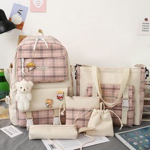Japanese Cute Plaid Primary School Student Canvas Schoolbag Female Korean Style Trendy Backpack Five-Piece Set Backpack Wholesale