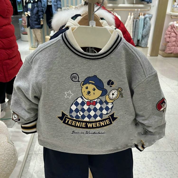 2024 Spring New Bear Kids' Apparel for Boys, Cartoon Print Crew Neck Sweatshirt, Casual and Versatile Top