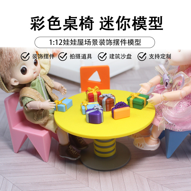 Dollhouse Doll House 1:12 Miniature Dining Table and Chair Mini Dining Table Colorful Chair Model Play House Toys