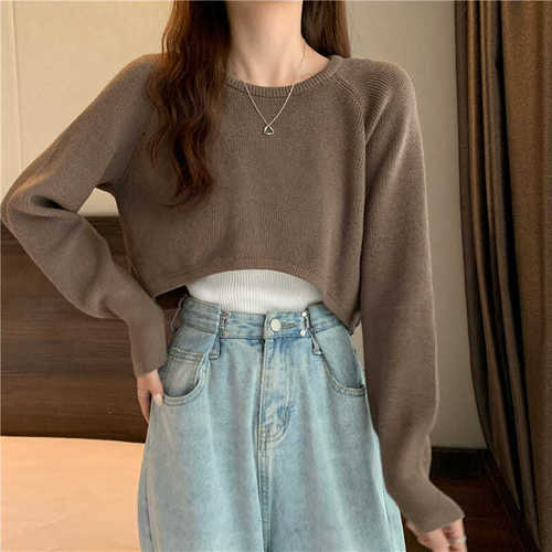 Loose Short-Sleeve Layered Crew Neck Knit Top for Women, Spring and Autumn Versatile Long-Sleeve Black Sweater