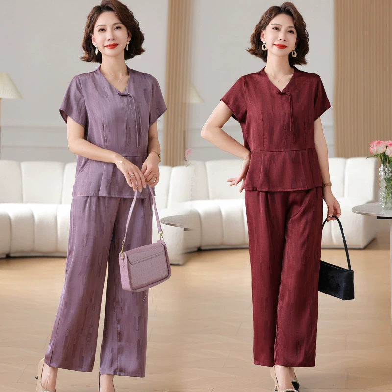 Летний костюм для мамы в китайском стиле, новинка 2025 года, для женщин среднего и старшего возраста, летний комплект из двух предметов с короткими рукавами и элегантными брюками