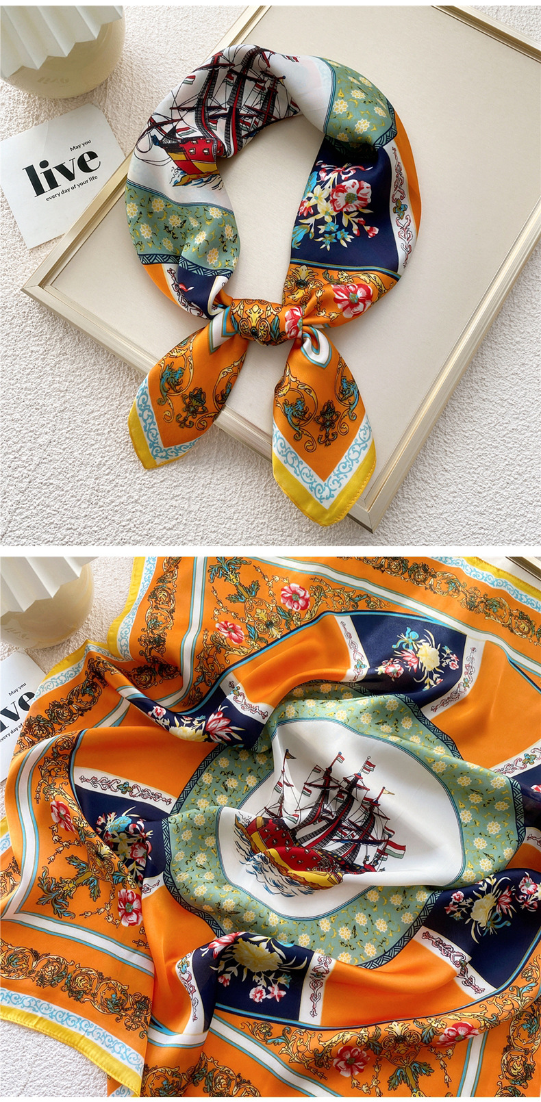 50g Weight Silk Scarf Classification Travel Occasion Silk Material Unisex Gender Printing Design Sweet Style Grey, Red, Green, Blue, Yellow, Black Color Unisex Sweet Silk Printing Silk Scarf 5