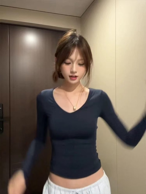 美式辣妹藏青色弹力V领长袖t恤女秋季修身显瘦运动打底衫紧身上衣|undefined
