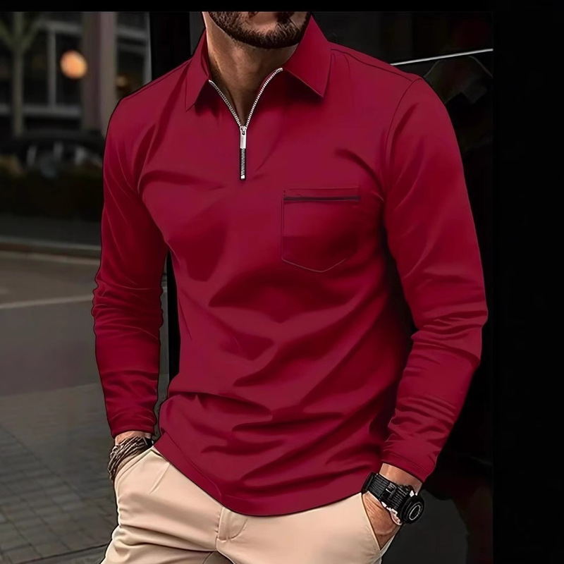European and American Cross-Border Popular Autumn Models on Aliexpress and Amazon: Men's Long-Sleeve Polo Shirt with Zipper Pocket and Turn-Down Collar