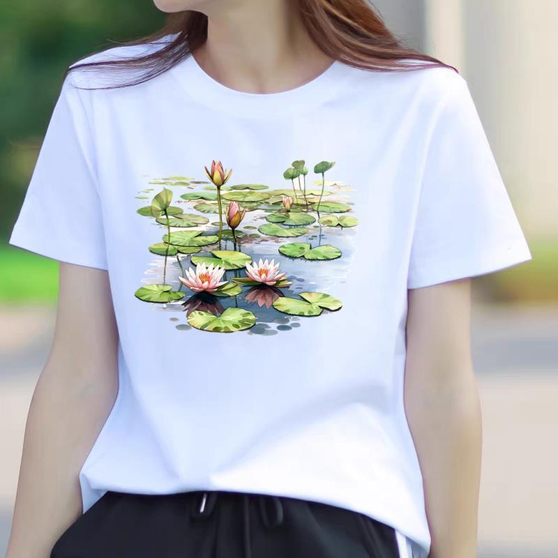 Round Neck Casual Printed Top with Lotus Design, Cute and Stylish Base Shirt for Women, Trendy Youth Ins Short-Sleeve T-Shirt Round Neck Casual Printed Top with Lotus Design, Cute and Stylish Base Shirt for Women, Trendy Youth Ins Short-Sleeve T-Shirt