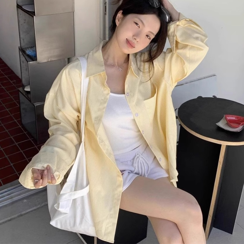 Retro yellow thin spring shirt, long long-sleeve, sun protection, loose fit, mid-length