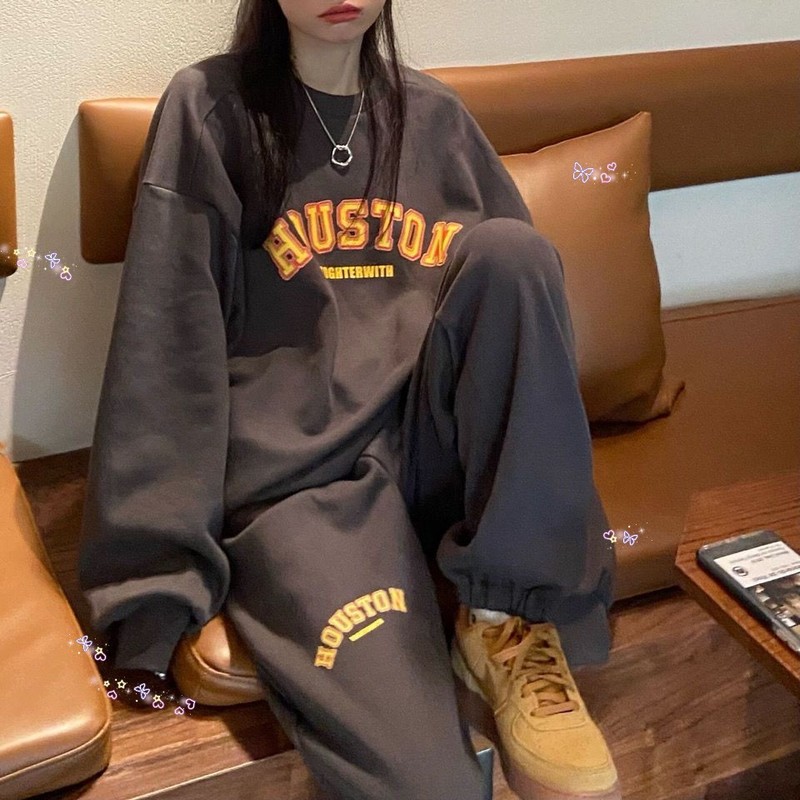 American Retro Sportswear Set, Spring and Autumn 2025 New Style, Loose Street-Style Sweatshirt, Casual Two-Piece Set for Women