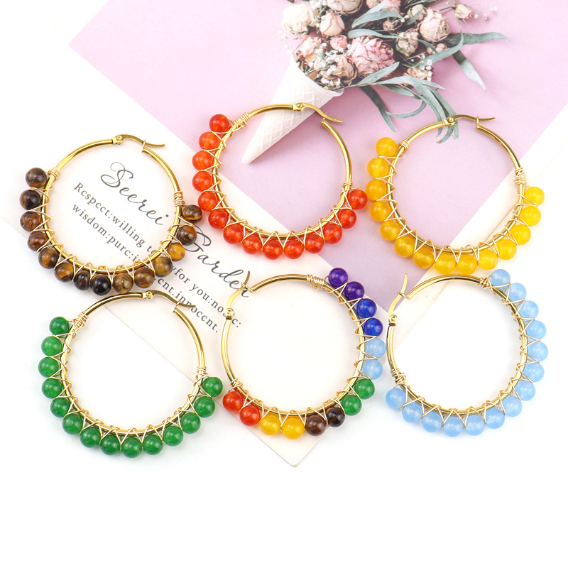 natural stone, Copper Material 1 Pair Retro Simple Style Round Beaded Plating Natural Stone Copper Hoop Earrings