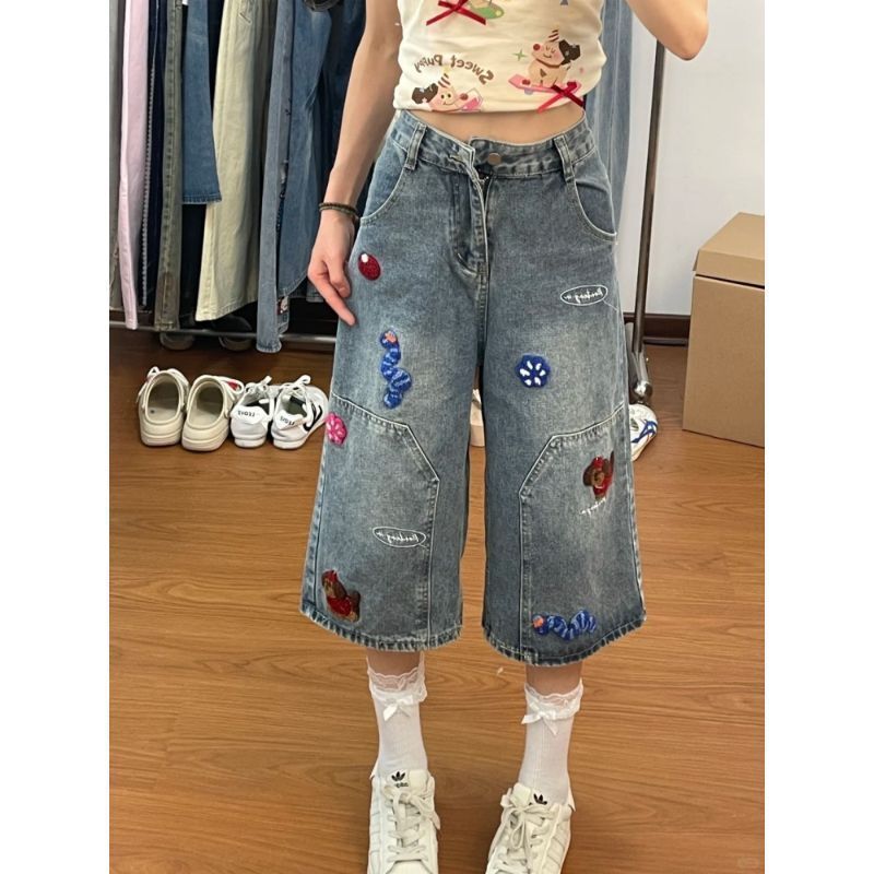 Cartoon Embroidered Puppy Wide-Leg Jeans for Women Summer New American Style Loose Casual Fat mm Cropped Pants Straight Pants