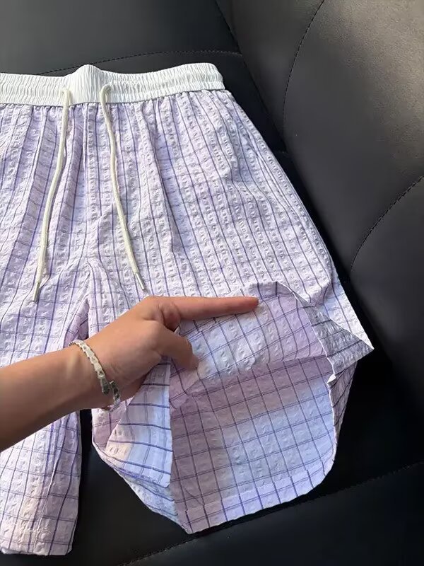 Men's Thin Seersucker Ice Silk Plaid Quick Drying Beach Shorts Summer Athletic Capri Pants_viptrois.com