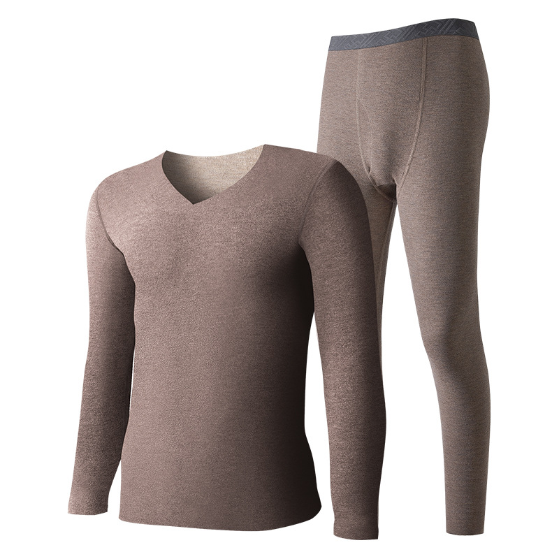 Conjunto de ropa interior térmica de lana de seda para otoño e invierno para hombre, ropa térmica gruesa con forro polar de color puro, ropa de otoño y pantalones de otoño en stock