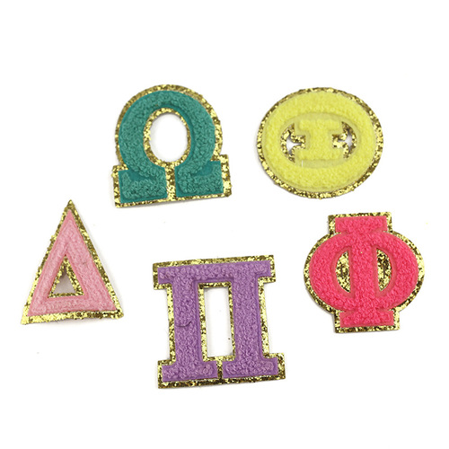 White Greek letters towel embroidery with gold edge embroidery cloth stickers gold onion pink DIY embroidery seal adhesive