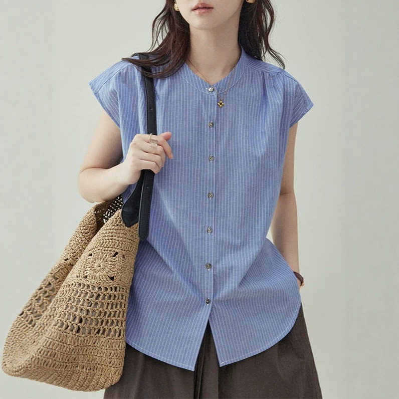 Beidao Amuu Blue Striped Back-Tie Flutter Sleeve Shirt for Women, New Summer Style Loose Button-Up Top Beidao Amuu Blue Striped Back-Tie Flutter Sleeve Shirt for Women, New Summer Style Loose Button-Up Top