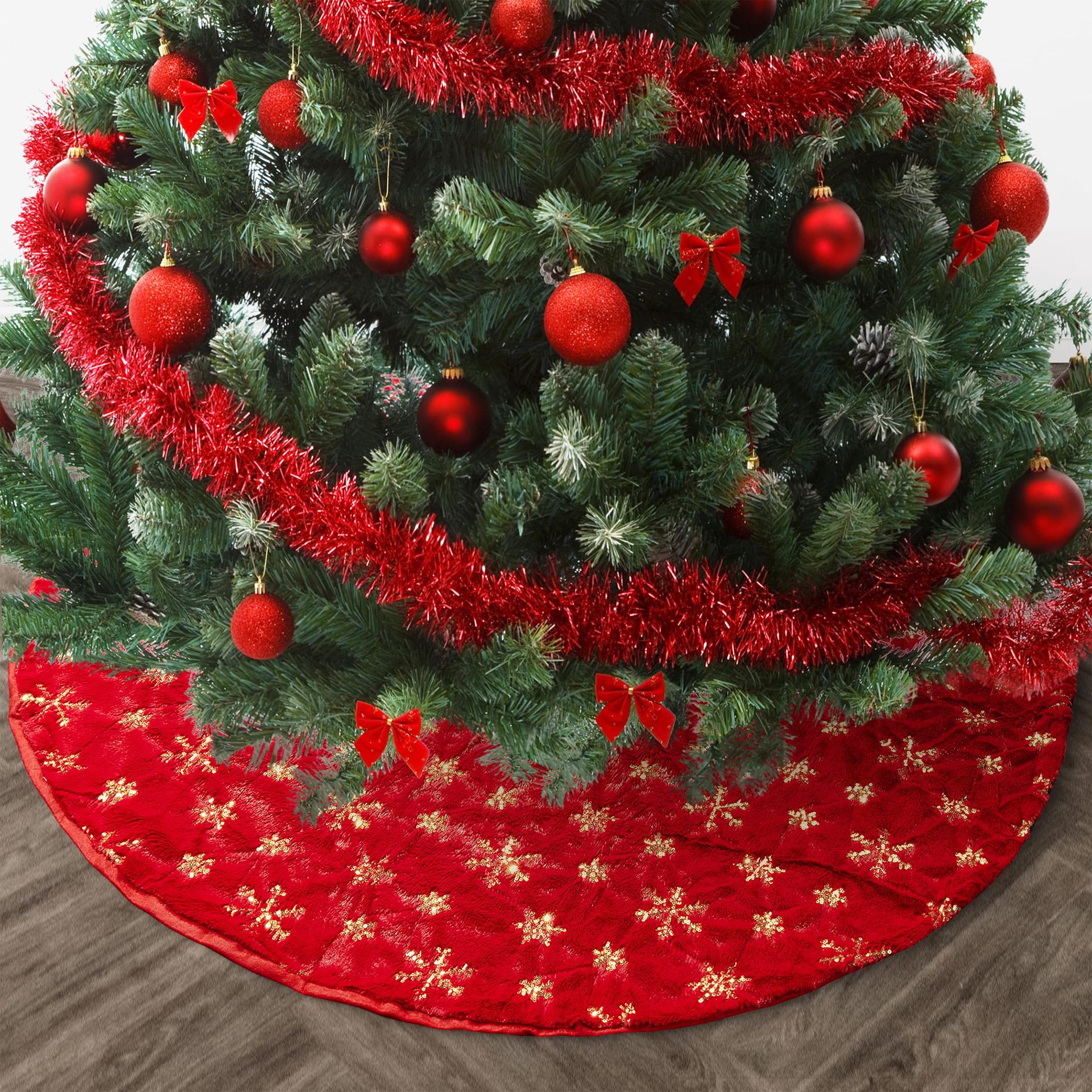 Cross-border nueva falda roja de peluche árbol de Navidad bordado esquinilla copo de nieve decoración de Navidad de alta calidad diseño de fiesta