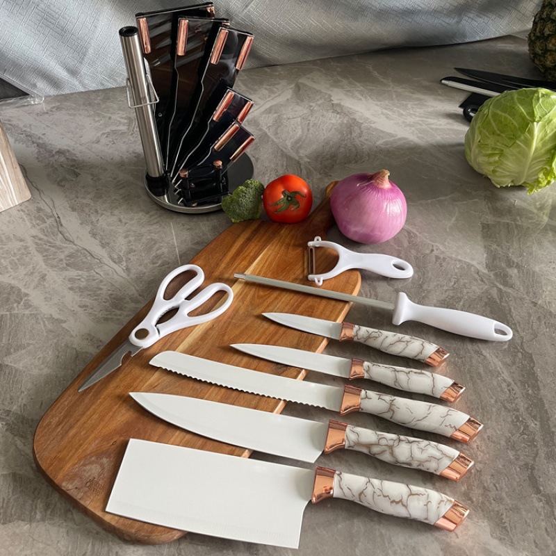 En stock mango de mármol conjunto de 9 piezas de estilo occidental antiadherente cuchillo de cocina oro rosa giratoria cuchillo titular al por mayor