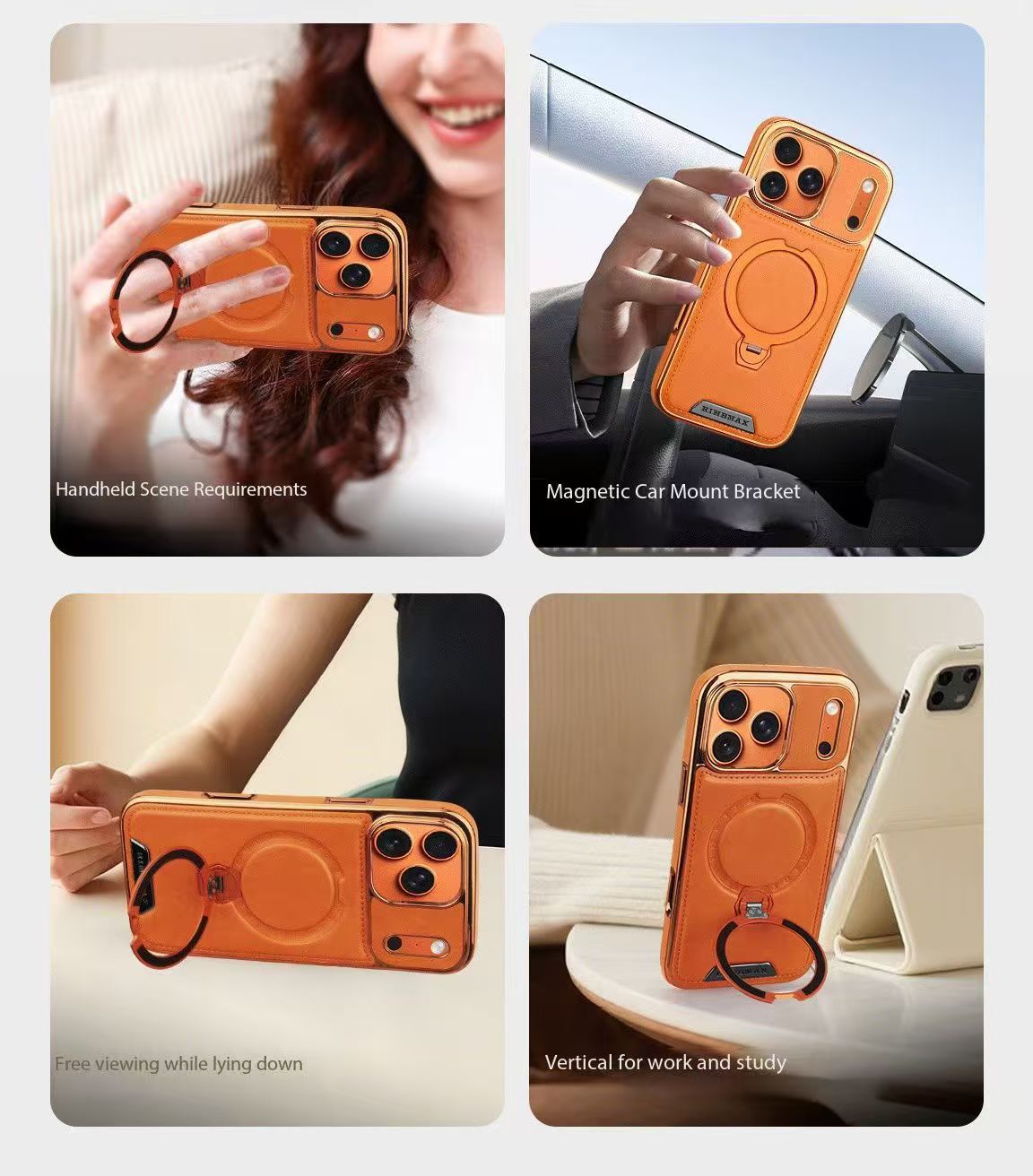 Ốp lưng iPhone 17 Pro Max da vân cao cấp xoay nam châm chống sốc — màu đen, màu nâu thanh lịch, màu nâu mocha, xám chi tiết 10