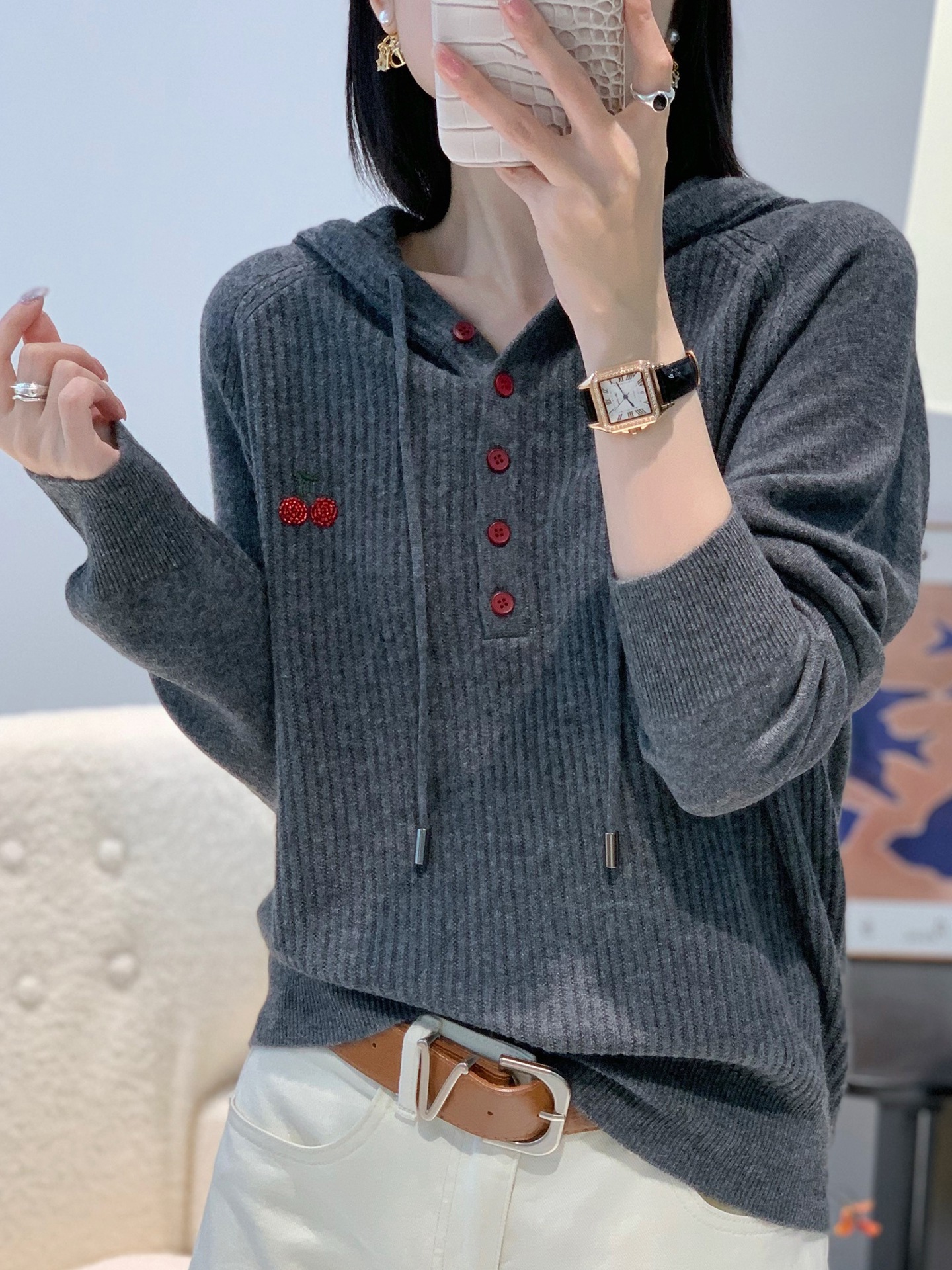 羊毛针织打底衫女连帽卫衣秋冬大码毛衣洋气减龄休闲外套