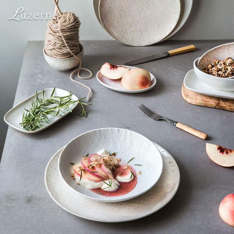 Transfronterizo LZ Lucang perla patrón de tela de lino blanco lujo ligero vajilla de cerámica simple japonesa, platos, platos, platos de pescado, platos de sopa