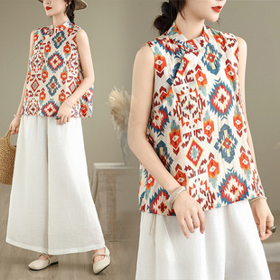 Real Shot~New Chinoiserie Retro Buckle Stand Collar Vest Vest Women's Fashion Printed Sleeveless Top