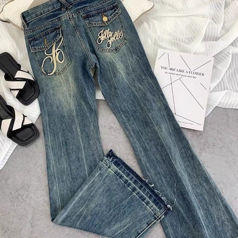 M Size American Retro Low-Waist Flared Jeans for Women, Embroidered, Vintage-Style, High Street, Slim Fit, Floor-Length Pants M Size American Retro Low-Waist Flared Jeans for Women, Embroidered, Vintage-Style, High Street, Slim Fit, Floor-Length Pants