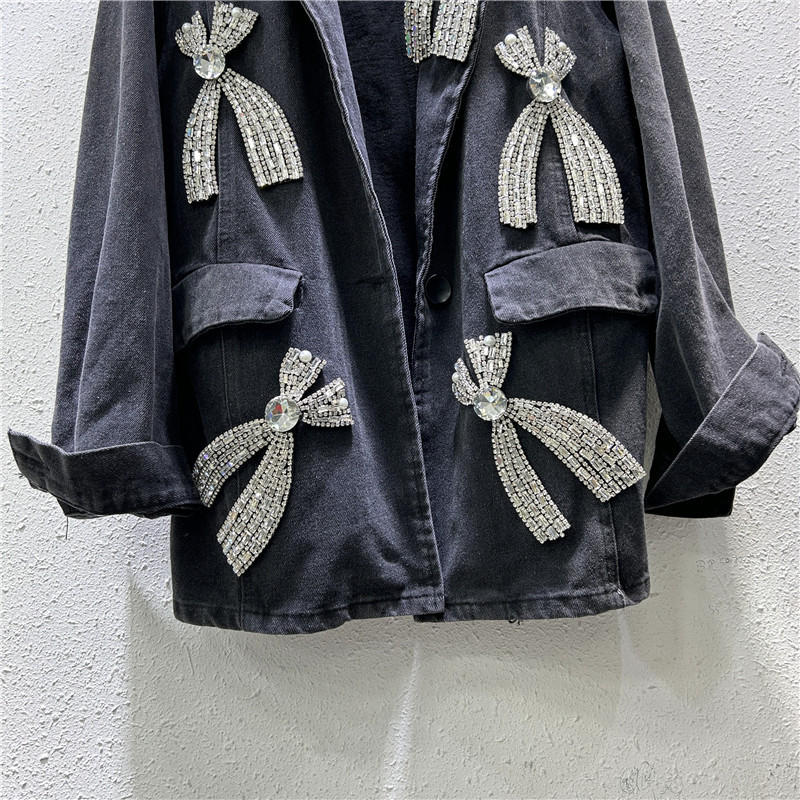 Saco Blazer de Mezclilla Holgado con Pedrería y Mariposa para Otoño