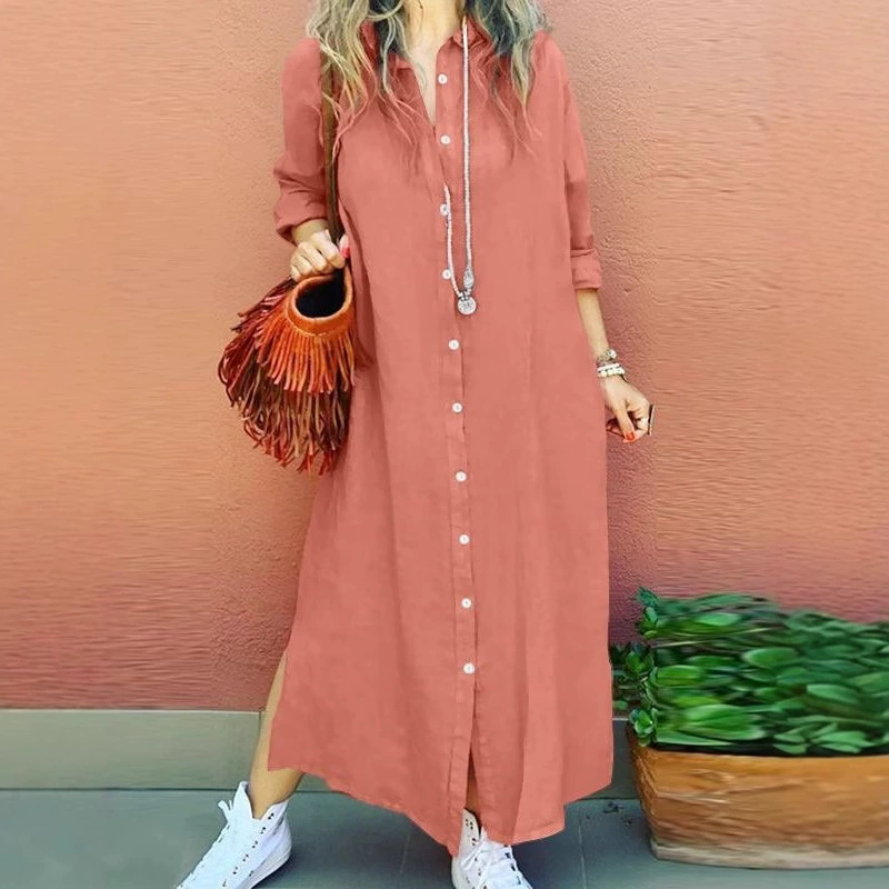 Весенние и осенние новые хлопковые и льняные рубашки пригородного темперамента простой простой универсальный отворот с длинными рукавами свободный кардиган платье