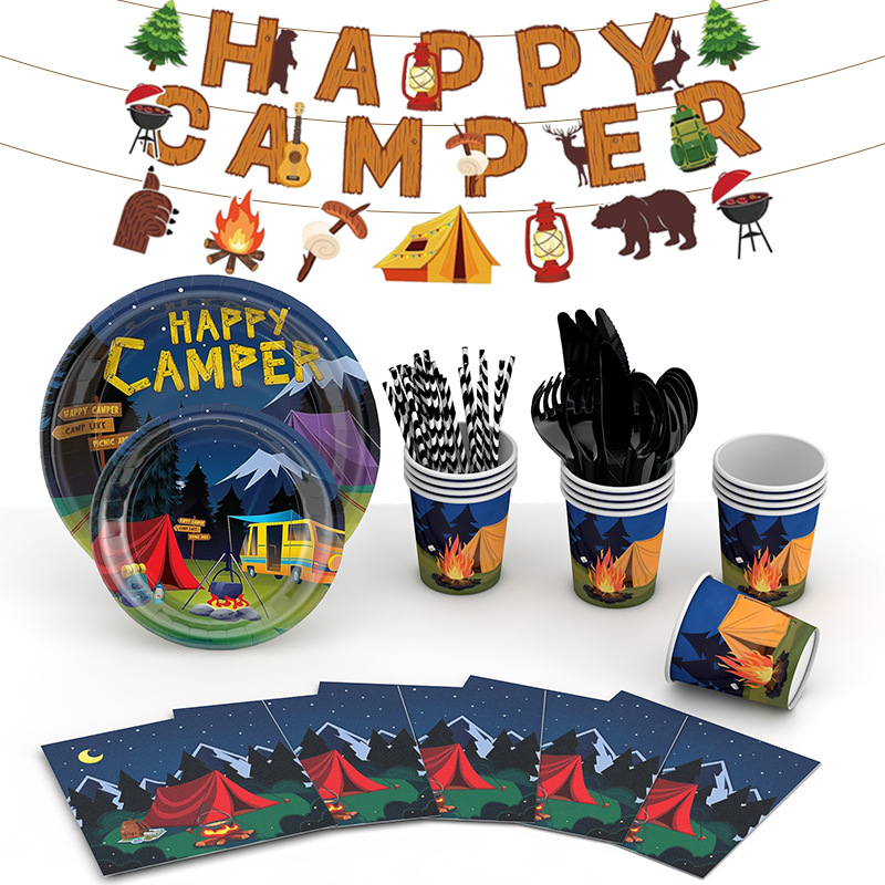 Tema de decoración de fiesta de camping al aire libre transfronterizo Placa de papel desechable atmósfera fiesta suministros Placa de papel traje