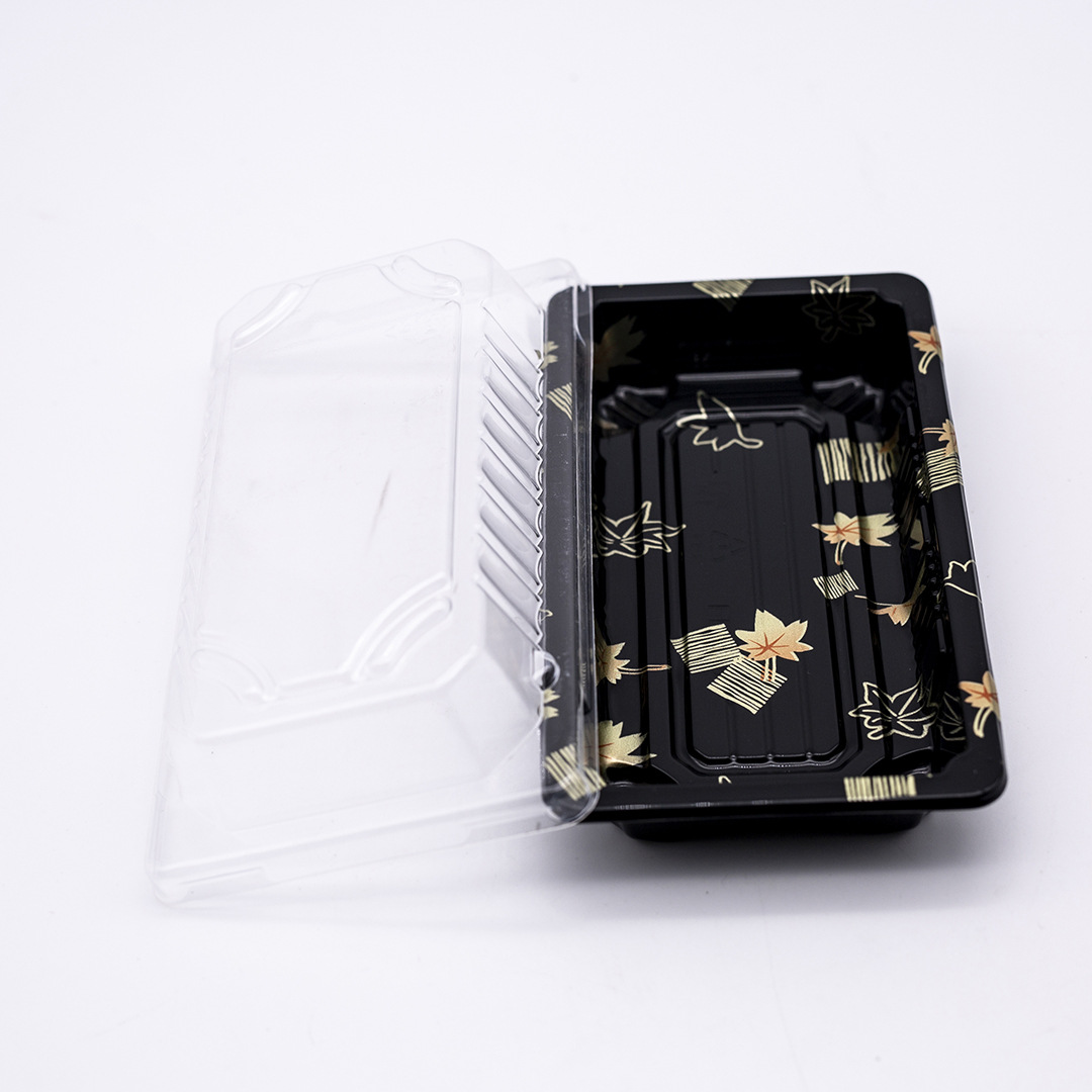 日式寿司盒 一次性外卖餐盒 金枫叶华纹纯黑印花便当包装盒保鲜盒