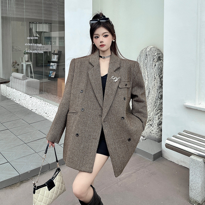 Brown Woolen Blazer for Women 2025 Autumn and Winter New Style High-End Small-Sized Super Stylish Coat in Chanel Style