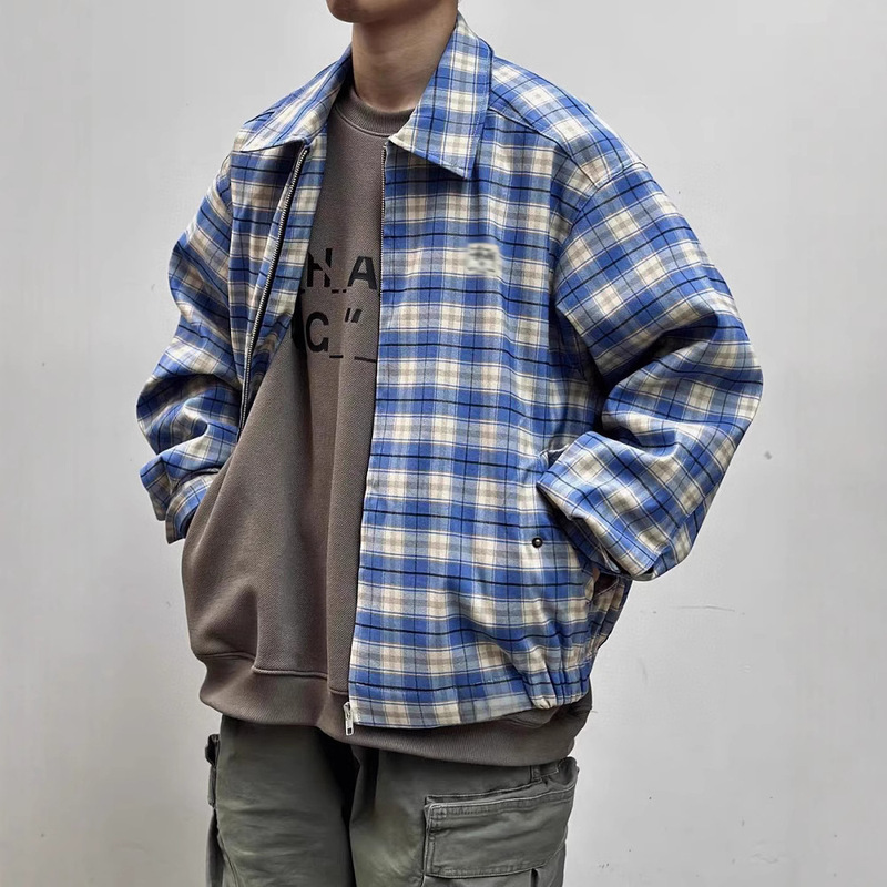 Stu American Retro Blue Plaid Lapel Coach Jacket Coat Unisex Couple Versatile Top Trendy Cross-Border