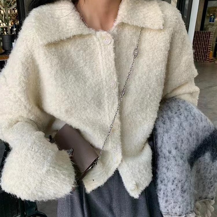 颗粒圈圈纱减龄翻领毛线衣复古单排扣宽松针织开衫秋冬毛衣外套女